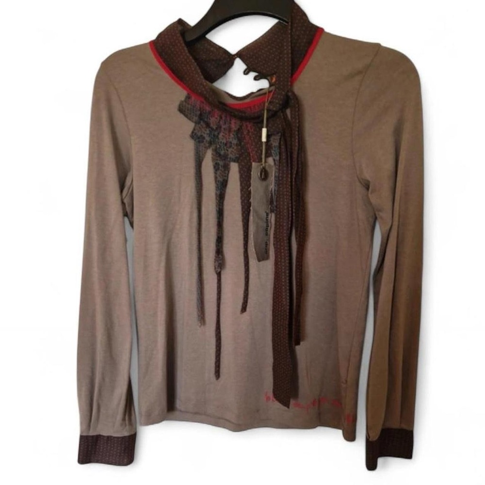 Cop Copine Brown and red Patch Work Collared Long Sleeve Boho Top . Size 3
